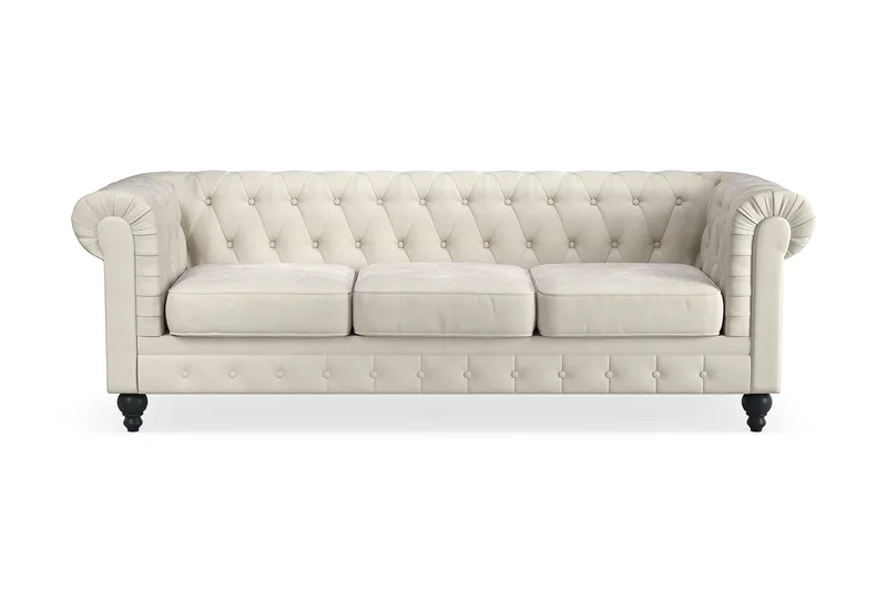 Chesterfield Lyx 3-seter Fløyelssofa – Dyp sofa, Beige / Hvit / Lys