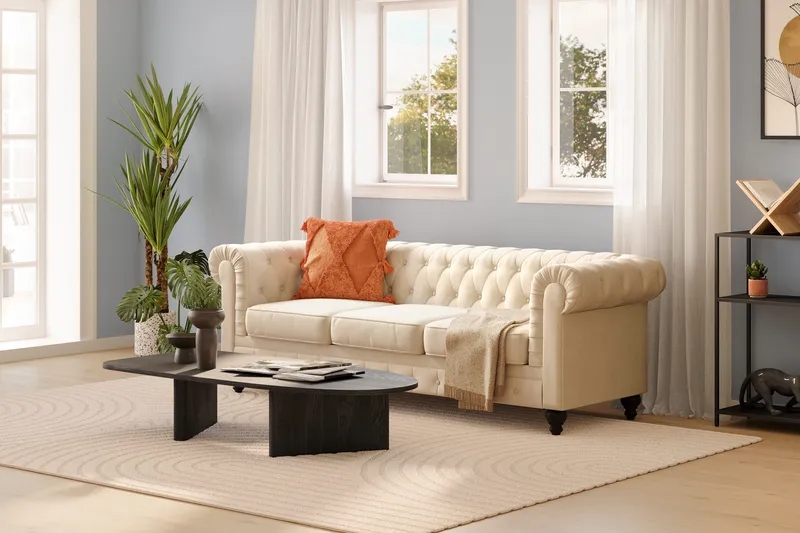 Chesterfield Lyx 3-seter Fløyelssofa – Dyp sofa - Beige / Hvit / Lys - Møbler - Sofaer - 3 seter sofa