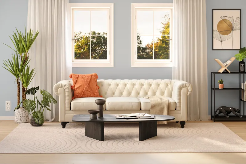 Chesterfield Lyx 3-seter Fløyelssofa – Dyp sofa - Beige / Hvit / Lys - Møbler - Sofaer - 3 seter sofa