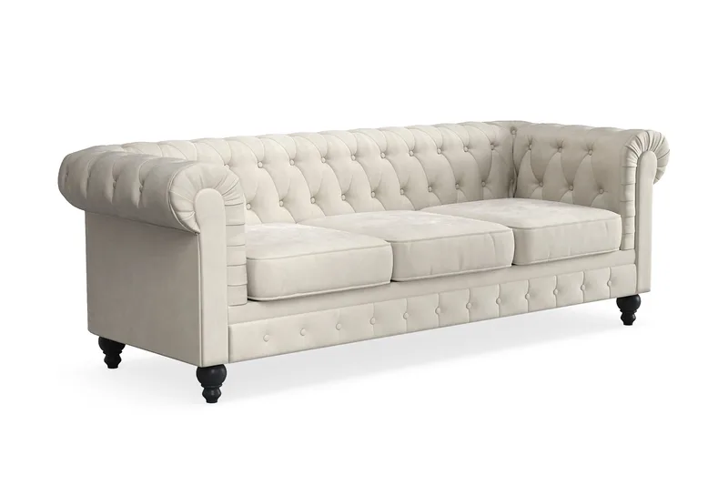 Chesterfield Lyx 3-seter Fløyelssofa – Dyp sofa - Beige / Hvit / Lys - Møbler - Sofaer - 3 seter sofa