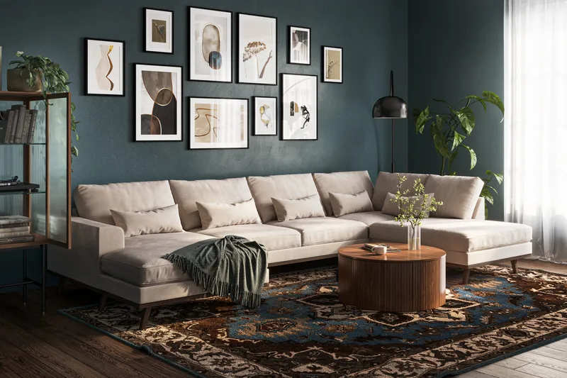 Copenhagen 5-seters Høyrevendt U-formet Large Sofa med Divan og Sjeselong i Fløyel - Beige - Møbler - Sofaer - Fløyelssofaer