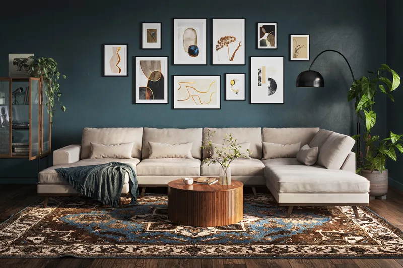 Copenhagen 5-seters Høyrevendt U-formet Large Sofa med Divan og Sjeselong i Fløyel - Beige - Møbler - Sofaer - Fløyelssofaer