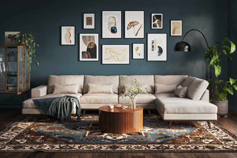 Copenhagen 5-seters Høyrevendt U-formet Large Sofa med Divan og Sjeselong i Fløyel - Beige - Møbler - Sofaer - Fløyelssofaer