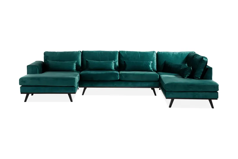 Copenhagen 5-seters Høyrevendt U-formet Sofa med Divan og Sjeselong i Fløyel, Grønn