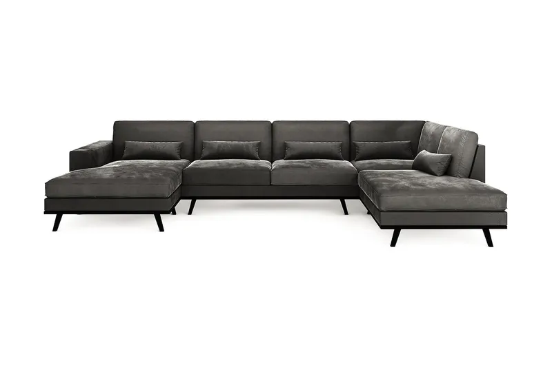 Copenhagen 5-seters Høyrevendt U-formet Sofa med Divan og Sjeselong i Fløyel, Mørk grå