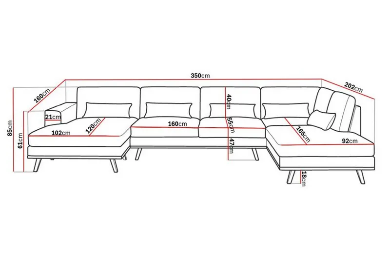 Copenhagen 5-seters Høyrevendt U-formet Sofa med Divan og Sjeselong i Fløyel - Mørk grå - Møbler - Sofaer - U-sofa