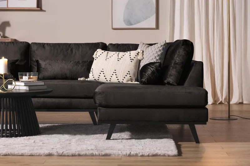 Copenhagen 5-seters Høyrevendt U-formet Sofa med Divan og Sjeselong i Fløyel - Mørk grå - Møbler - Sofaer - U-sofa