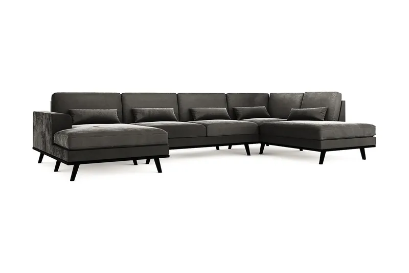 Copenhagen 5-seters Høyrevendt U-formet Sofa med Divan og Sjeselong i Fløyel - Mørk grå - Møbler - Sofaer - U-sofa