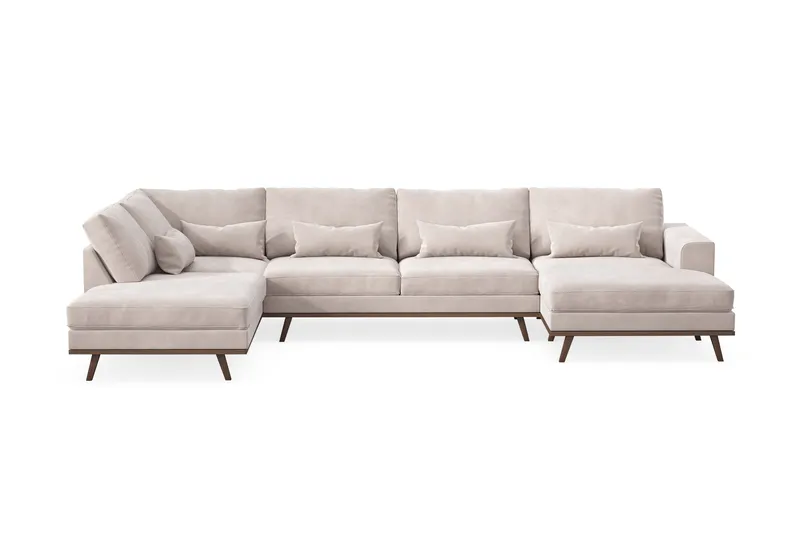 Copenhagen 5-seters Venstrevendt U-formet Large Sofa med Divan og Sjeselong i Fløyel, Beige