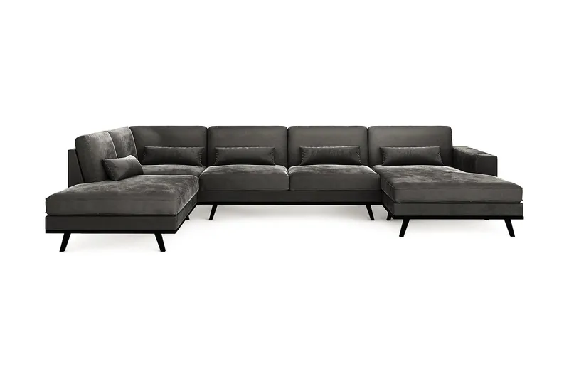Copenhagen 5-seters Venstrevendt U-formet Sofa med Divan og Sjeselong + Fotskammel i Fløyel - Mørk grå - Møbler - Sofaer - Sofagrupper