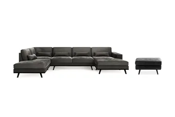 Copenhagen 5-seters Venstrevendt U-formet Sofa med Divan og Sjeselong + Fotskammel i Fløyel - Mørk grå - Møbler - Sofaer - Sofagrupper