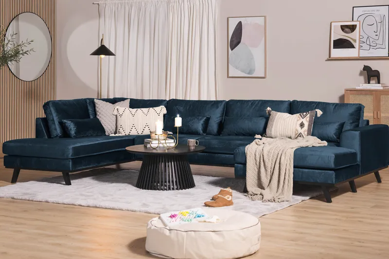 Copenhagen 5-seters Venstrevendt U-formet Sofa med Divan og Sjeselong i Fløyel - Blå - Møbler - Sofaer - Fløyelssofaer