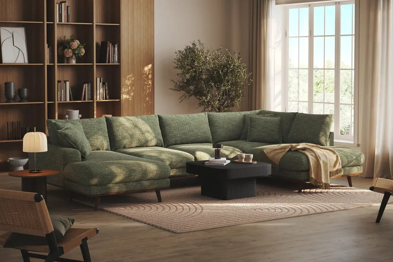 Copenhagen Premium 5-personers Højrevendt U-formet Dyb Sofa med Divan og Chaiselong i Chenille - Grøn - Møbler - Sofaer - U-sofa