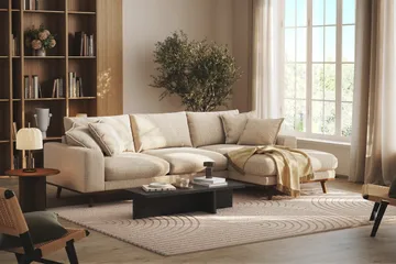 Copenhagen Premium 4-personers Højrevendt L-formet Dyb Divansofa i Chenille - Beige - Møbler - Sofaer - Sofaer med sjeselong - 4 seters sofa med divan