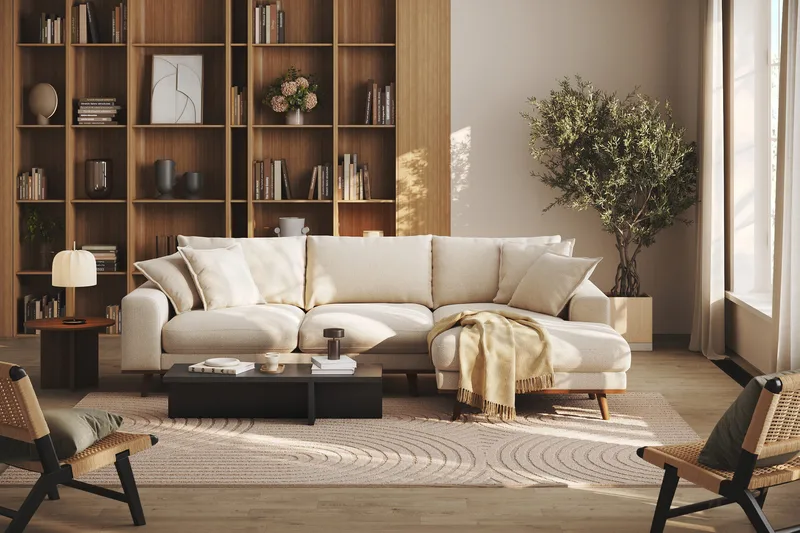 Copenhagen Premium 4-personers Højrevendt L-formet Dyb Divansofa i Chenille - Lys beige - Møbler - Sofaer - Sofaer med sjeselong - 4 seters sofa med divan