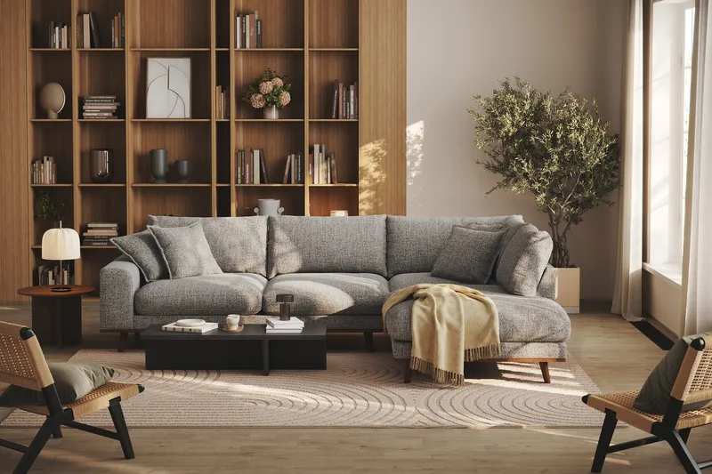 Copenhagen Premium 4-personers Højrevendt L-formet Dyb Chaiselongsofa i Chenille - Grå - Møbler - Sofaer - Sofaer med sjeselong - 4 seters sofa med divan