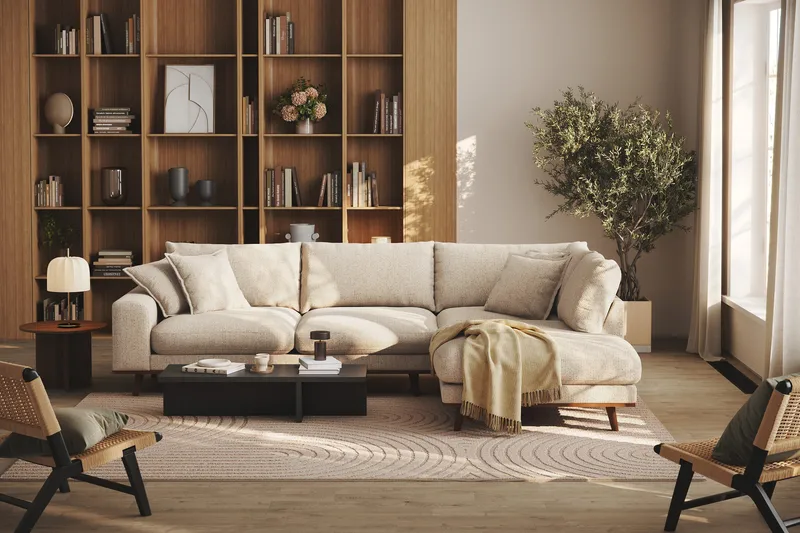 Copenhagen Premium 4-personers Højrevendt L-formet Dyb Chaiselongsofa i Chenille - Beige - Møbler - Sofaer - Sofaer med sjeselong - 4 seters sofa med divan