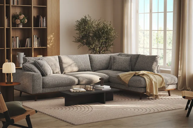 Copenhagen Premium 4-personers Højrevendt L-formet Dyb Chaiselongsofa i Chenille - Grå - Møbler - Sofaer - Sofaer med sjeselong - 4 seters sofa med divan