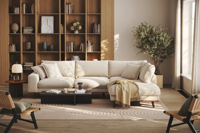 Copenhagen Premium 4-personers Højrevendt L-formet Dyb Chaiselongsofa i Chenille - Lys beige - Møbler - Sofaer - Sofaer med sjeselong - 4 seters sofa med divan