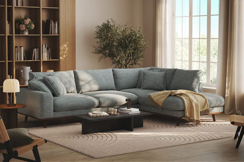 Copenhagen Premium 4-personers Højrevendt L-formet Dyb Chaiselongsofa i Chenille - Grå/blå - Møbler - Sofaer - Sofaer med sjeselong - 4 seters sofa med divan
