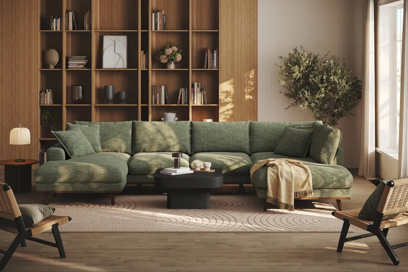 Copenhagen Premium 5-personers Højrevendt U-formet Dyb Sofa med Divan og Chaiselong i Chenille - Grøn - Møbler - Sofaer - U-sofa