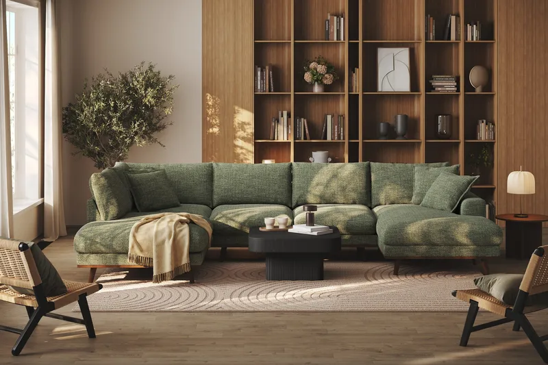 Copenhagen Premium 5-personers Venstrevendt U-formet Dyb Sofa med Divan og Chaiselong i Chenille - Grøn - Møbler - Sofaer - U-sofa