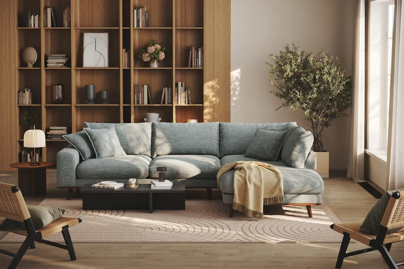 Copenhagen Premium 4-personers Højrevendt L-formet Dyb Chaiselongsofa i Chenille - Grå/blå - Møbler - Sofaer - Sofaer med sjeselong - 4 seters sofa med divan