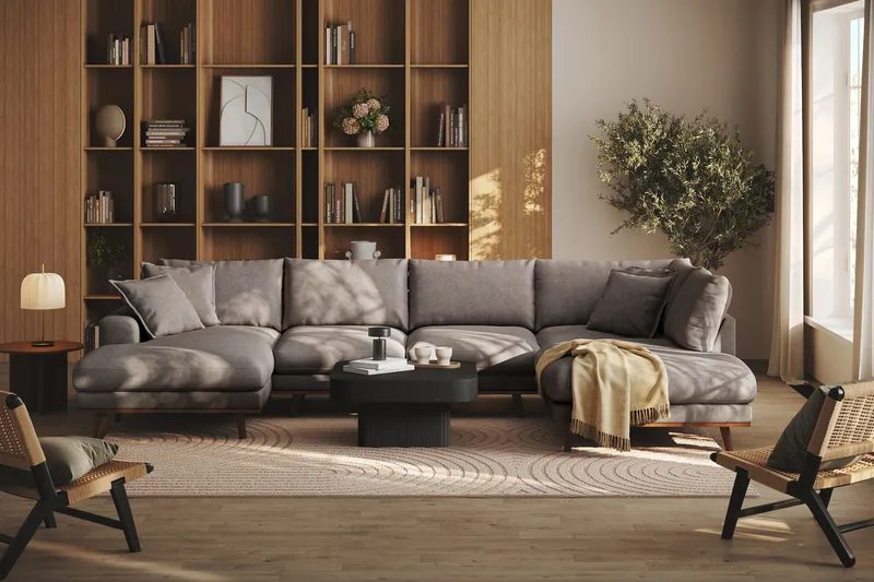 Copenhagen Premium 5-personers Højrevendt U-formet Dyb Sofa med Divan og Chaiselong i Stoff - Brun - Møbler - Sofaer - U-sofa