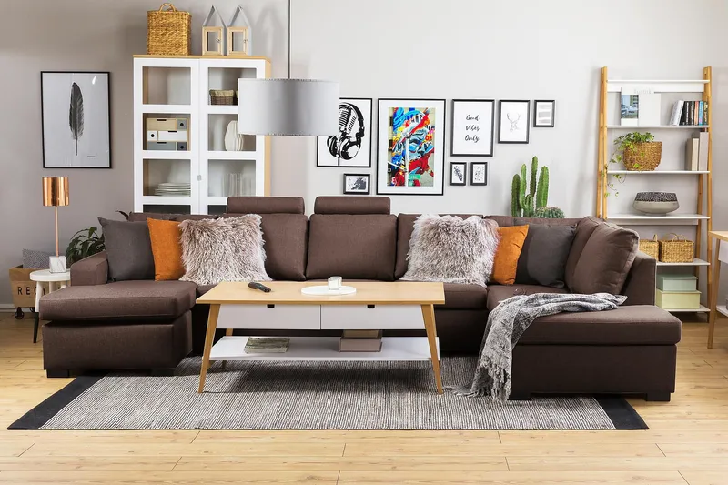 Crazy 5-seters Høyrevendt U-formet X-Large Sofa med Divan og Sjeselong i Stoff - Brun - Møbler - Sofaer - U-sofa