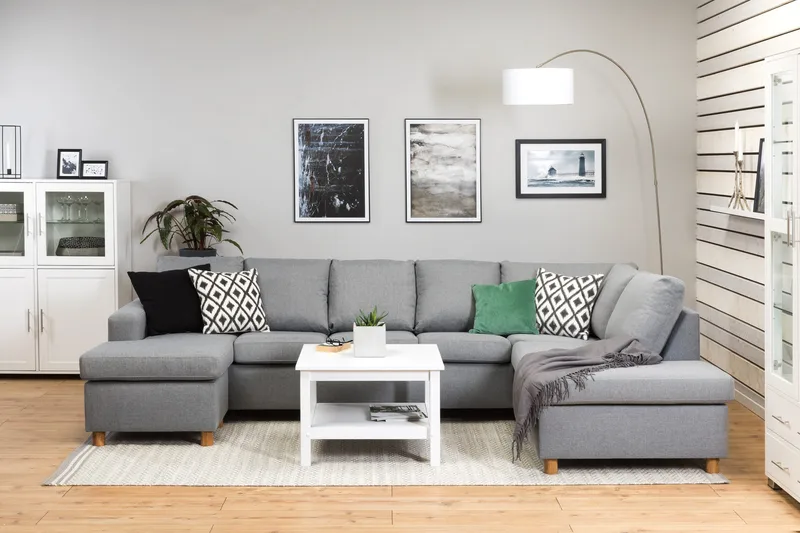 Crazy 5-seters Høyrevendt U-formet X-Large Sofa med Divan og Sjeselong i Stoff - Grå - Møbler - Sofaer - U-sofa
