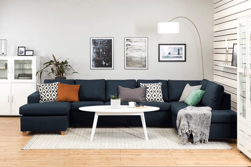Crazy 5-seters Høyrevendt U-formet X-Large Sofa med Divan og Sjeselong i Stoff - Mørkeblå - Møbler - Sofaer - U-sofa