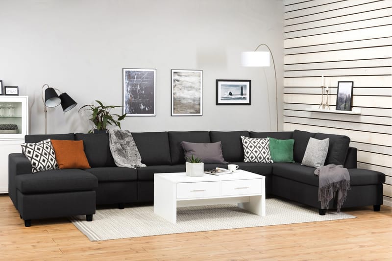 Crazy 6-seters Høyrevendt U-formet XX-Large Sofa med Divan og Sjeselong i Stoff - Antrasitt - Møbler - Sofaer - U-sofa