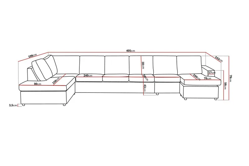 Crazy 6-seters Venstrevendt U-formet XX-Large Sofa med Divan og Sjeselong i Stoff - Antrasitt - Møbler - Sofaer - U-sofa