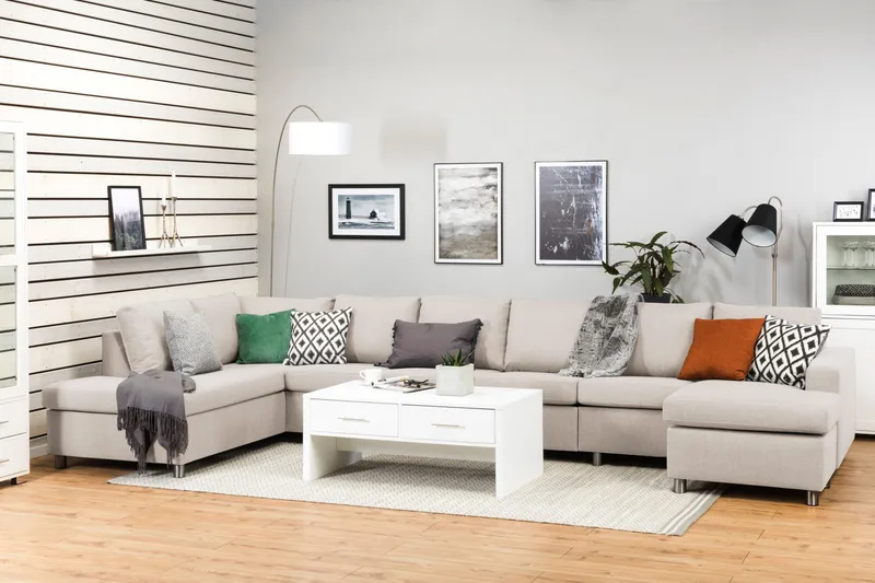 Crazy 6-seters Venstrevendt U-formet XX-Large Sofa med Divan og Sjeselong i Stoff - Beige - Møbler - Sofaer - U-sofa