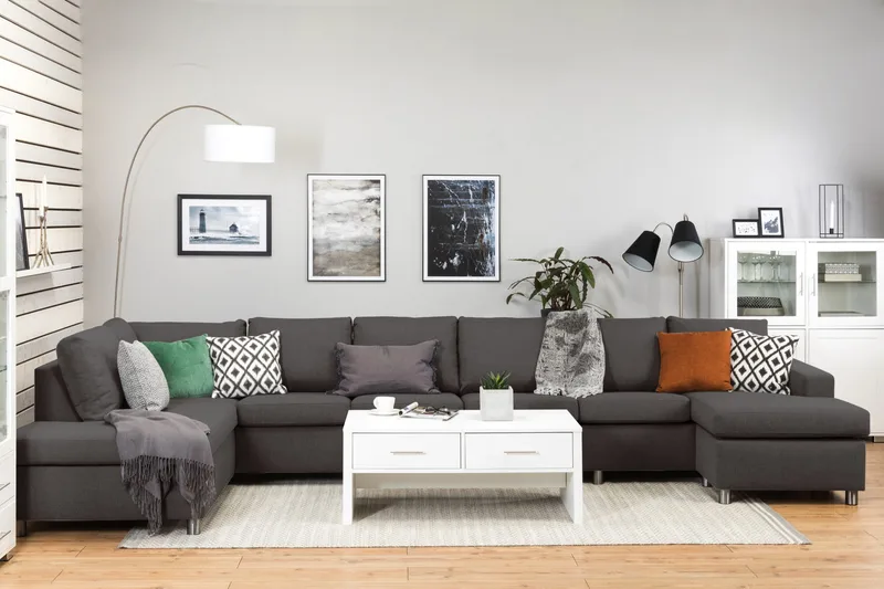 Crazy 6-seters Venstrevendt U-formet XX-Large Sofa med Divan og Sjeselong i Stoff - Mørkegrå - Møbler - Sofaer - U-sofa