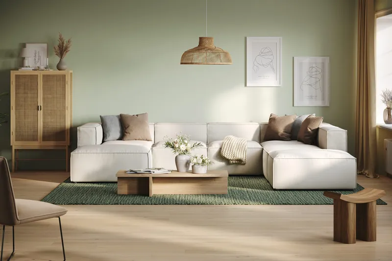 Cubo 5-seters U-formet Dyp Modulsofa med Divan og Sjeselong i Fløyel - Hvit - Møbler - Sofaer - U-sofa