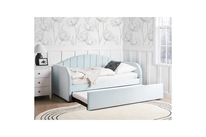 Dagbädd Beliani Eyburie med lamellram Beige, Bouclé blue - Møbler - Senger - Gjesteseng & ekstraseng - Uttrekkbar seng