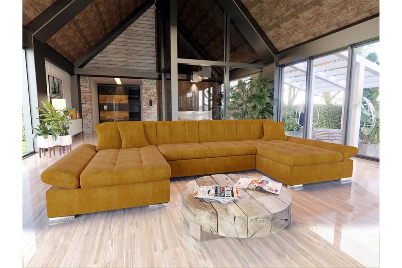 Dewitt Sovesofa med Dobbel Sjeselong 4-seter i Fløyel - Gul - Møbler - Sofaer - Fløyelssofaer
