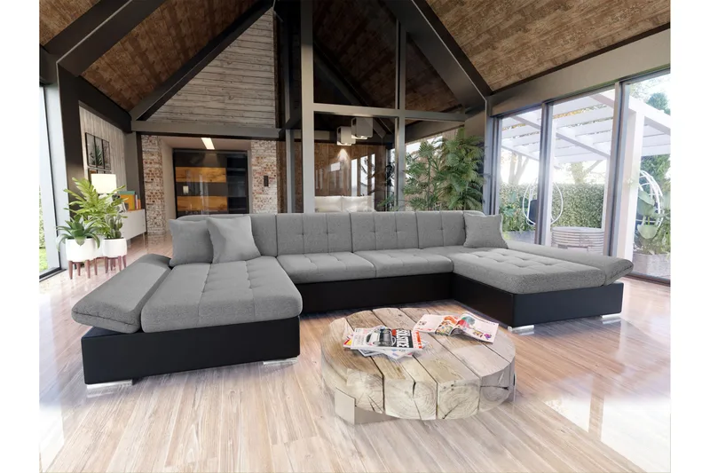 Dewitt Sovesofa med Dobbel Sjeselong 4-seter i Kunstlær - Svart / Grå - Møbler - Sofaer - Skinnsofaer