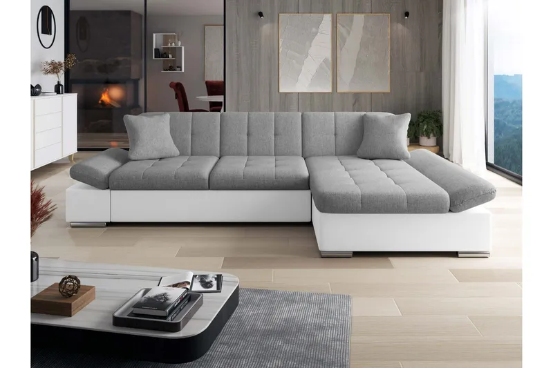 Djerra Sovesofa med Sjeselong 3-seter i Kunstlær - Hvit / Grå - Møbler - Sofaer - Skinnsofaer