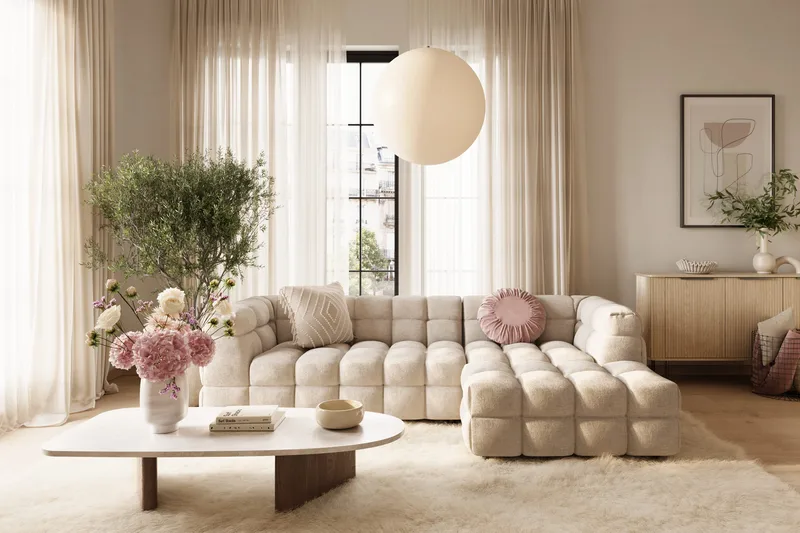 Elise 4-seters Høyrevendt L-formet Boblete Divansofa 274 cm i Stoff - Beige - Møbler - Sofaer - Sofaer med sjeselong - 4 seters sofa med divan