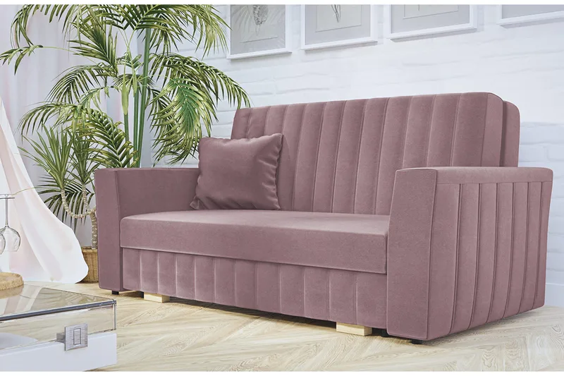 Bensbyn 2-seter Sovesofa med Oppbevaring og Vertikale Sømmer i Fløyel - Rosa - Møbler - Sofaer - Sovesofaer - 2 seters sovesofa