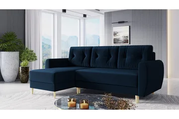 Bornalle 3-seter L-formet Sovesofa 130x200 cm med Oppbevaring i Fløyel - Blå - Møbler - Sofaer - Sovesofaer - Sovesofa divan