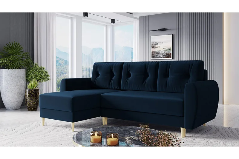 Bornalle 3-seter L-formet Sovesofa 130x200 cm med Oppbevaring i Fløyel - Blå - Møbler - Sofaer - Sovesofaer - Sovesofa divan