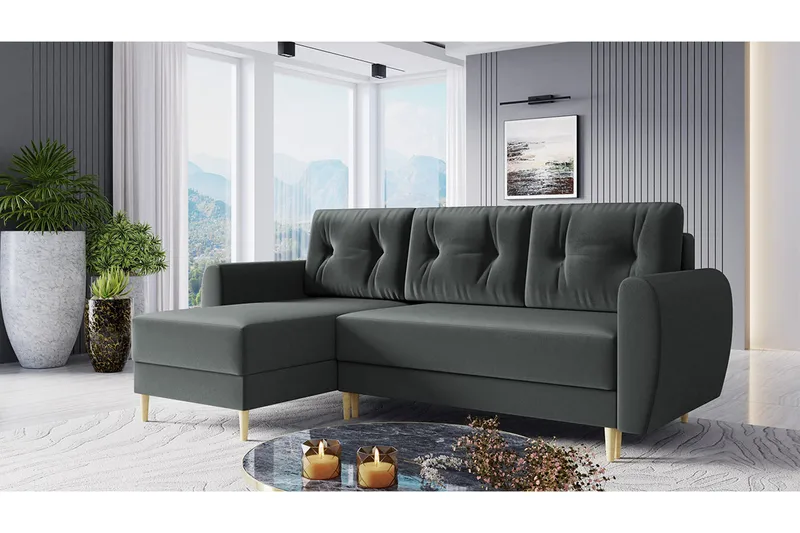 Bornalle 3-seter L-formet Sovesofa 130x200 cm med Oppbevaring i Fløyel - Grå - Møbler - Sofaer - Sovesofaer - Sovesofa divan