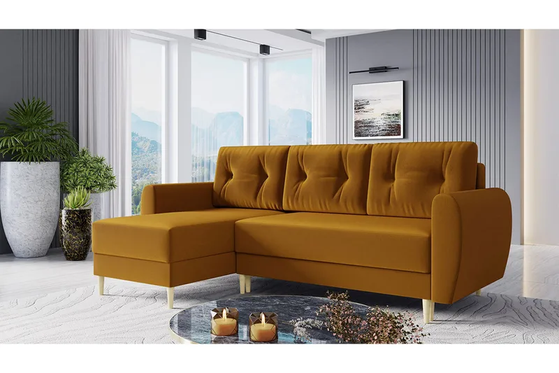 Bornalle 3-seter L-formet Sovesofa 130x200 cm med Oppbevaring i Fløyel - Gul - Møbler - Sofaer - Sovesofaer - Sovesofa divan