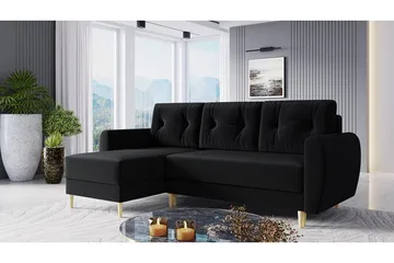 Bornalle 3-seter L-formet Sovesofa 130x200 cm med Oppbevaring i Plysj - Svart - Møbler - Sofaer - Sovesofaer - Sovesofa divan
