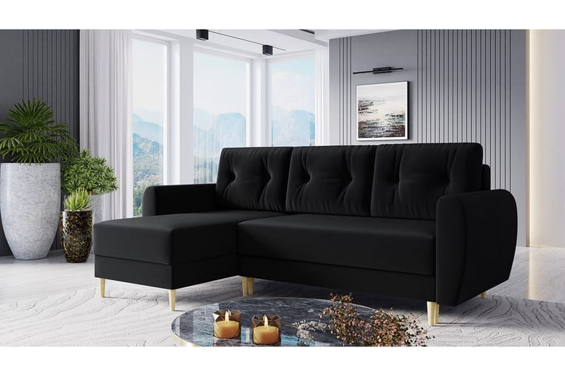 Bornalle 3-seter L-formet Sovesofa 130x200 cm med Oppbevaring i Plysj - Svart - Møbler - Sofaer - Sovesofaer - Sovesofa divan