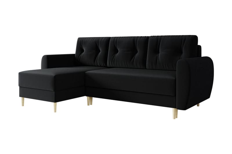 Bornalle 3-seter L-formet Sovesofa 130x200 cm med Oppbevaring i Plysj - Svart - Møbler - Sofaer - Sovesofaer - Sovesofa divan