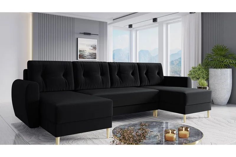 Bornalle 3-seter U-formet Sovesofa med Oppbevaring i Plysj - Svart - Møbler - Sofaer - Sovesofaer - Sovesofa divan